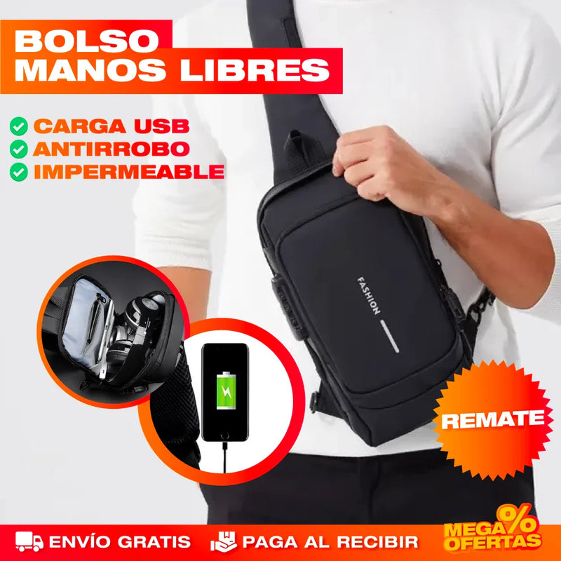 BOLSO MANOS LIBRES ANTIRROBO, CARGA USB, IMPERMEABLE