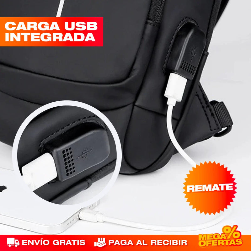 BOLSO MANOS LIBRES ANTIRROBO, CARGA USB, IMPERMEABLE