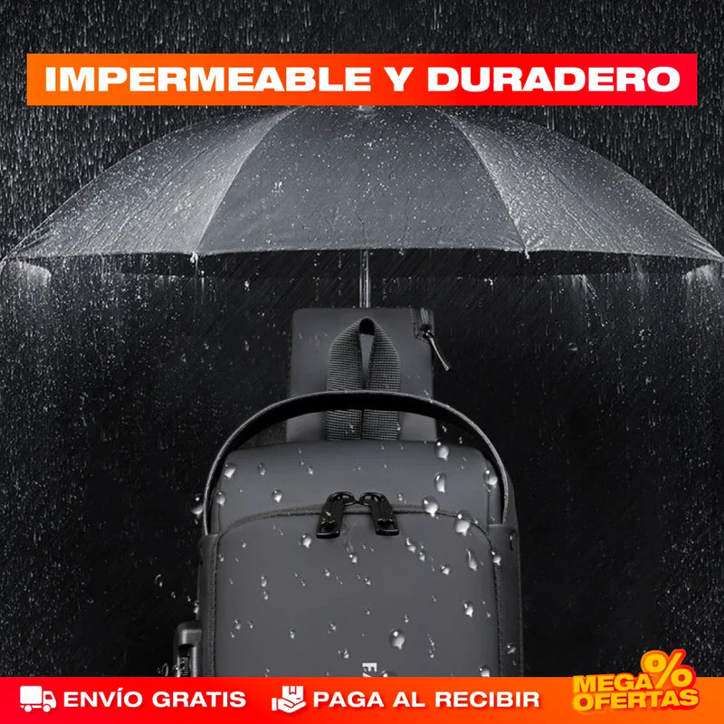 BOLSO MANOS LIBRES ANTIRROBO, CARGA USB, IMPERMEABLE