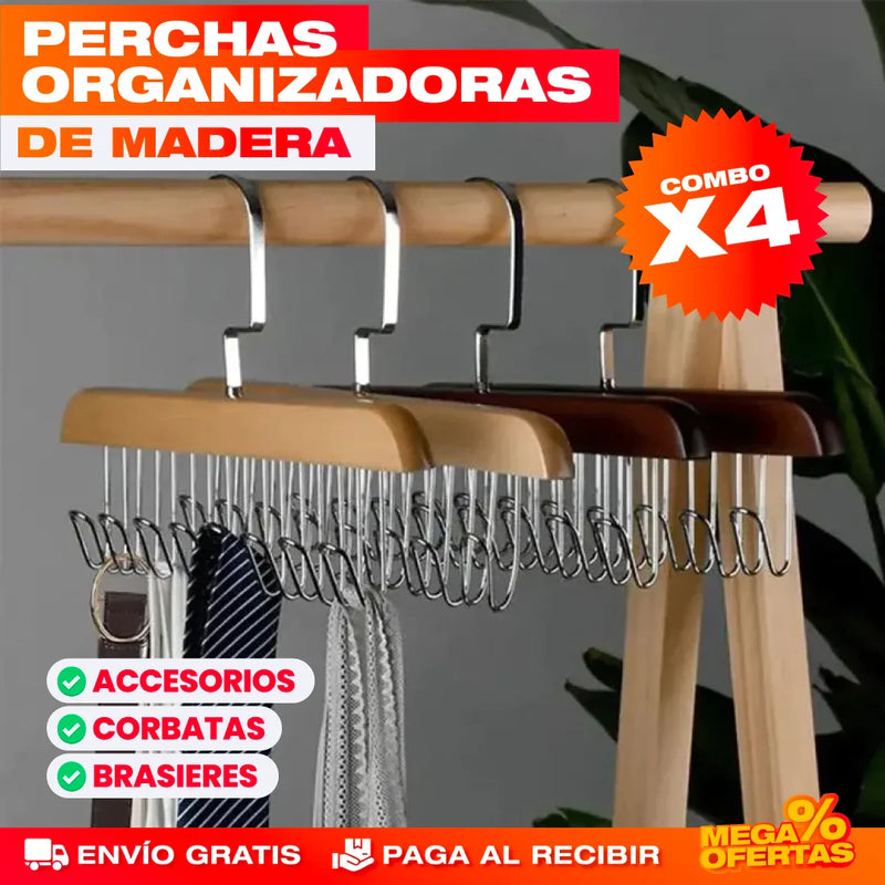 COMBO X4 GANCHO COLGADOR ORGANIZADOR DE MADERA