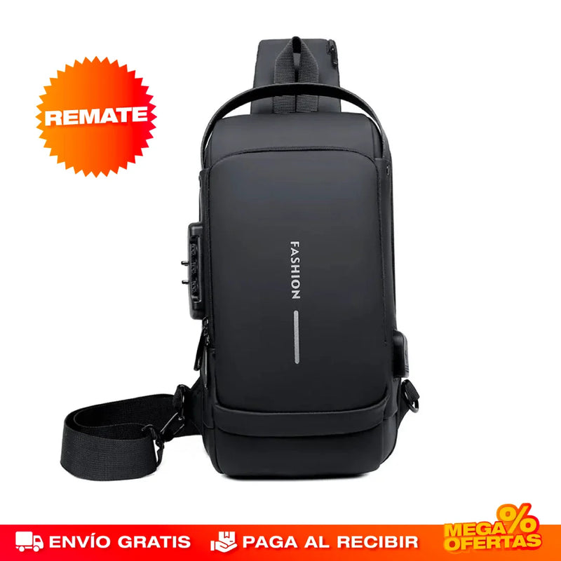 BOLSO MANOS LIBRES ANTIRROBO, CARGA USB, IMPERMEABLE