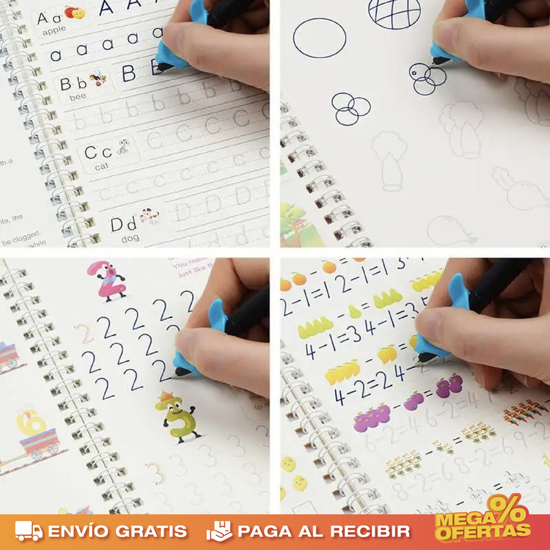 PROMO 2X1 SET DE 4 LIBROS DE CALIGRAFÍA CON TINTA MÁGICA REUTILIZABLE